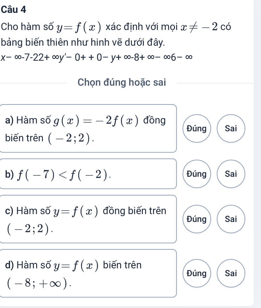 Cho hàm số y=f(x) xác định với mọi x!= -2c
bảng biến thiên như hinh vẽ dưới đây.
x-∈fty -7-22+∈fty y'-0++0-y+∈fty -8+∈fty -∈fty 6-∈fty
Chọn đúng hoặc sai
a) Hàm số g(x)=-2f(x) đồng
Đúng Sai
biến trên (-2;2). 
b) f(-7) . Đúng Sai
c) Hàm số y=f(x) đồng biến trên
Đúng Sai
(-2;2). 
d) Hàm số y=f(x) biến trên
Đúng Sai
(-8;+∈fty ).