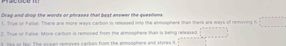 Practice it: 
Drag and drop the words or phrases that best answer the questions. 
1. True or False: There are more ways carbon is released into the atmosphere than there are ways of removing it. 
2. True or False: More carbon is removed from the atmosphere than is being released. 
3. Yes or No: The ocean removes carbon from the atmosphere and stores it.