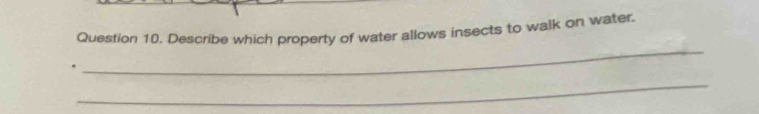 Describe which property of water allows insects to walk on water. 
_ 
_