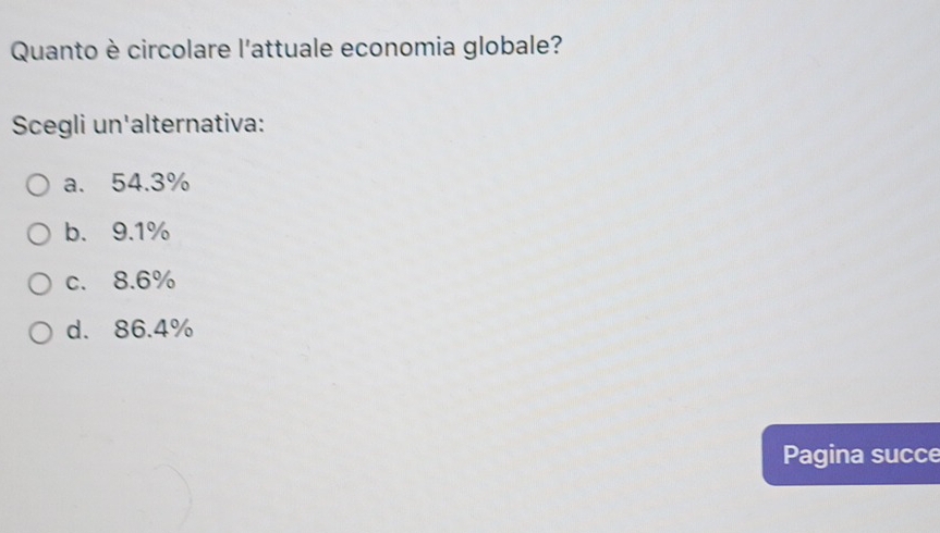 Quanto è circolare l'attuale economia globale?
Scegli un'alternativa:
a. 54.3%
b. 9.1%
c. 8.6%
d. 86.4%
Pagina succe