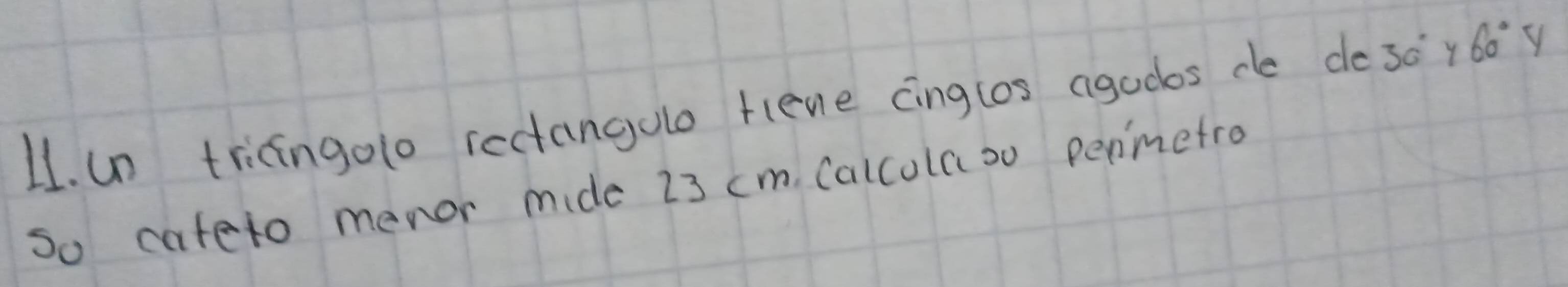 L1. un triangolo rectangulo tlene cinglos agudos de de so y 60°y
so cateto menor mide 23 cm, Calcolaso penimefro