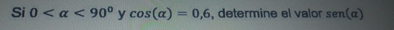 Si 0 <90°ycos (alpha )=0,6 , determine el valor sen(alpha )