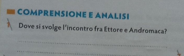 COMPRENSIonE E ANAlisi 
Dove si svolge l'incontro fra Ettore e Andromaca? 
_ 
_