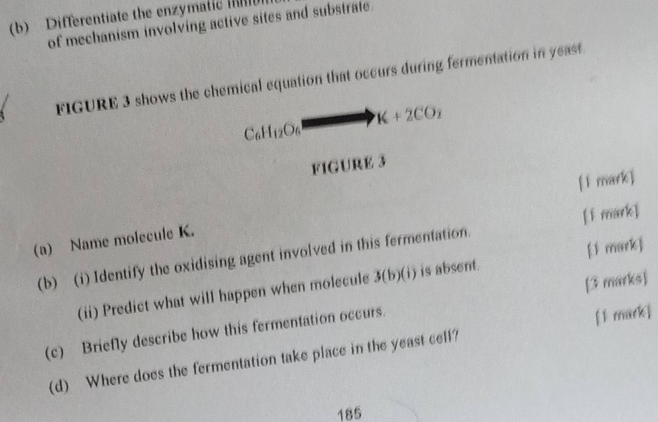 Differentiate the enzymatic 
of mechanism involving active sites and substrate. 
FIGURE 3 shows the chemical equation that occurs during fermentation in yeast
K+2CO_2
 4, 1 B 1_12O6
FIGURE 3 
[l mark] 
[í mark] 
(a) Name molecule K. 
[ 1 mark ] 
(b) (i) Identify the oxidising agent involved in this fermentation. 
[3 marks] 
(ii) Predict what will happen when molecule 3(b)(i) is absent. 
(c) Briefly describe how this fermentation occurs. 
(d) Where does the fermentation take place in the yeast cell? [1 mark ] 
185