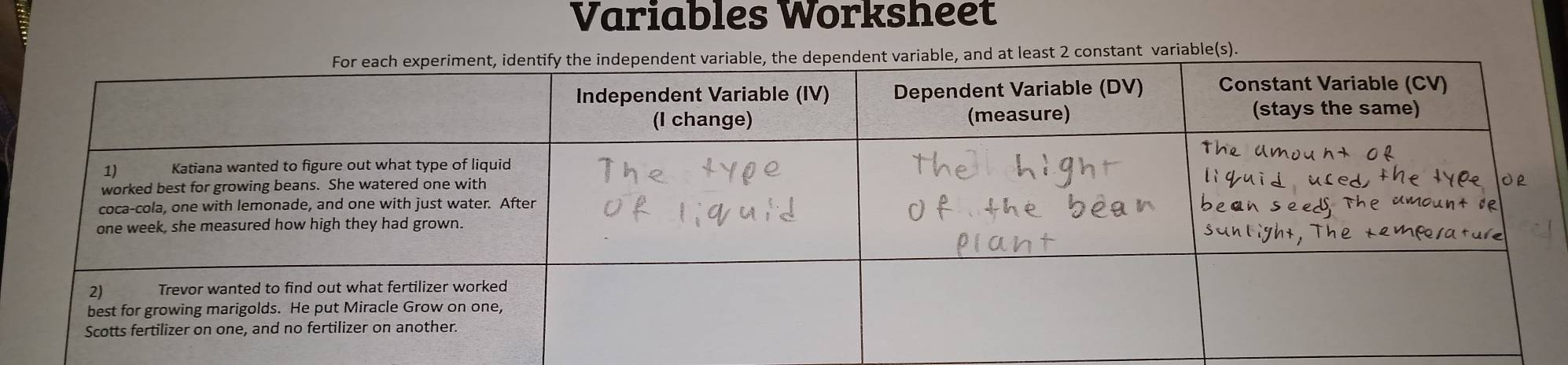 Variables Worksheet 
t 2 constant variable(s).