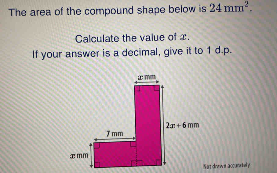 The area of the compound shape below is 24mm^2. 
Calculate the value of x.
If your answer is a decimal, give it to 1 d.p.
Not drawn accurately