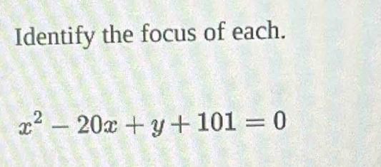 Identify the focus of each.
x^2-20x+y+101=0