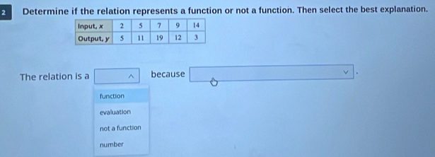 Determine if the relation represents a function or not a function. Then select the best explanation.
The relation is a^(wedge) because □
function
evaluation
not a function
number