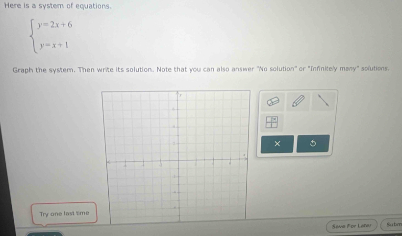 Here is a system of equations.
beginarrayl y=2x+6 y=x+1endarray.
Graph the system. Then write its solution. Note that you can also answer "No solution" or "Infinitely many" solutions.
 (□ * )/□  
× 
Try one last time 
Save For Later Subm