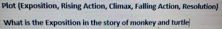 Plot (Exposition, Rising Action, Climax, Falling Action, Resolution) 
What is the Exposition in the story of monkey and turtle
