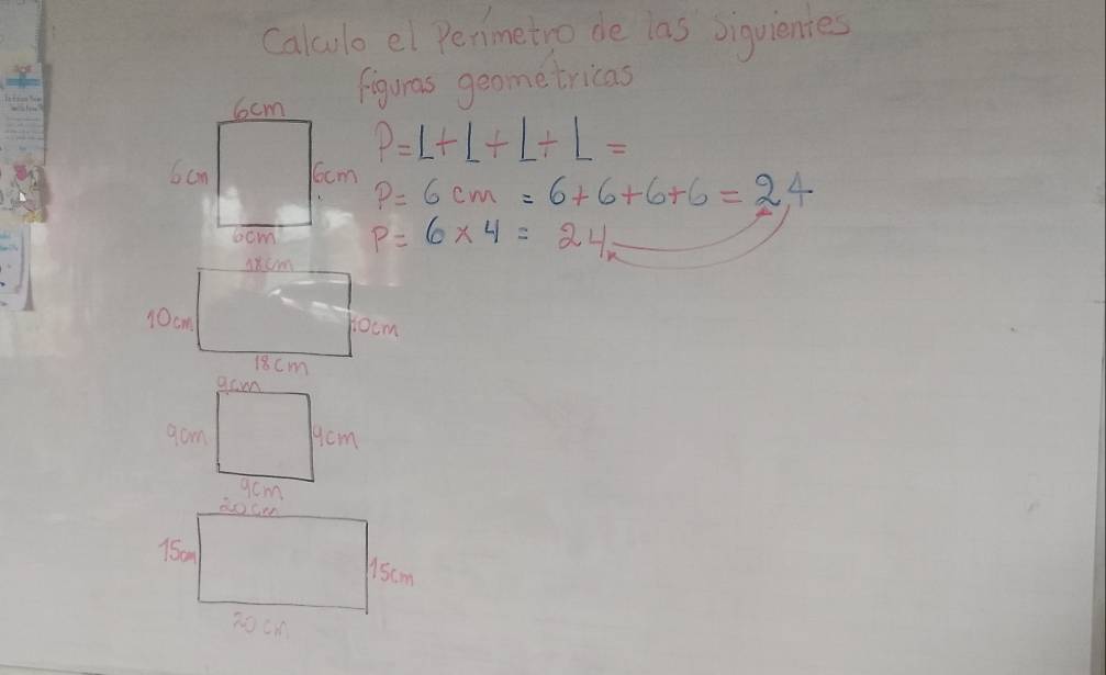 Calculo el Perimetro de ias siquientes 
figuras geometricas
?=1+1+1+1=
P=6cm=6+6+6+6=24
p=6* 4=24,