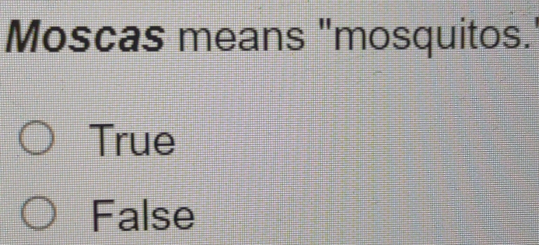 Moscas means "mosquitos.
True
False