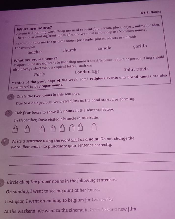 Solved: Nouns Circle the two nouns in thi Due to a delayed bus, we ...