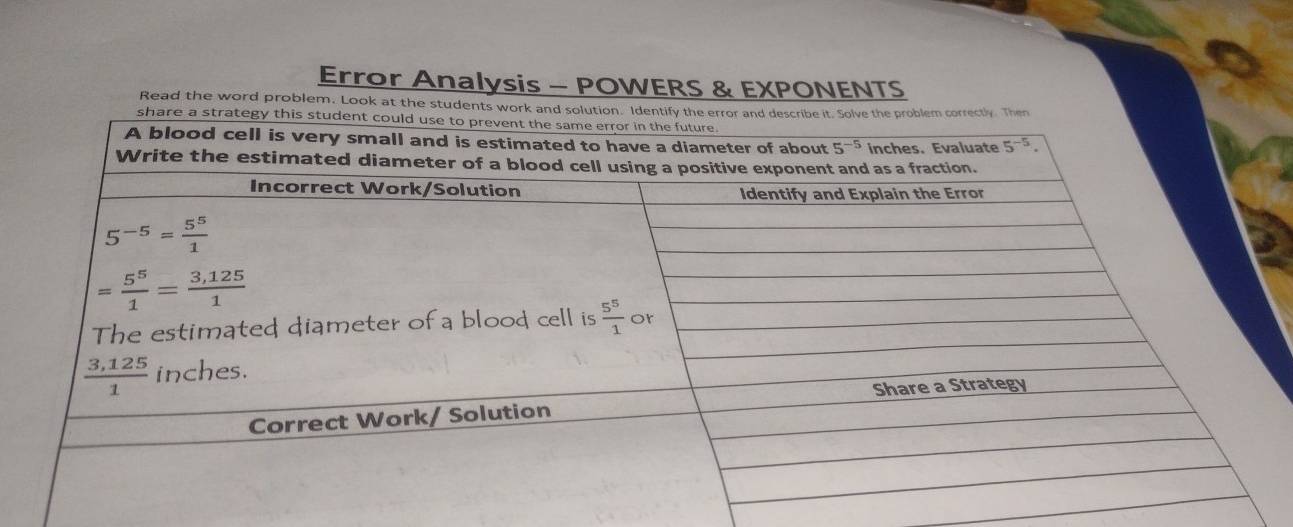 Error Analysis - POWERS & EXPONENTS
Read the word problem. Look at the st