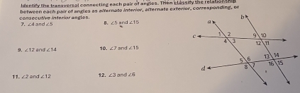 Identify the tranaversal comnecting each pair of angles. Then classify the relation thia 
consecutive interior angles between each pair of angles as alternate interior, afternate exterior, corresponding, or 
7. ∠ 4 and ∠ 5 B. ∠ 5 and ∠ 15
9. ∠ 12 and ∠ 14 10. ∠ 7 and ∠ 15
11. ∠ 2 and ∠ 12 12. ∠ 3 and ∠ 6