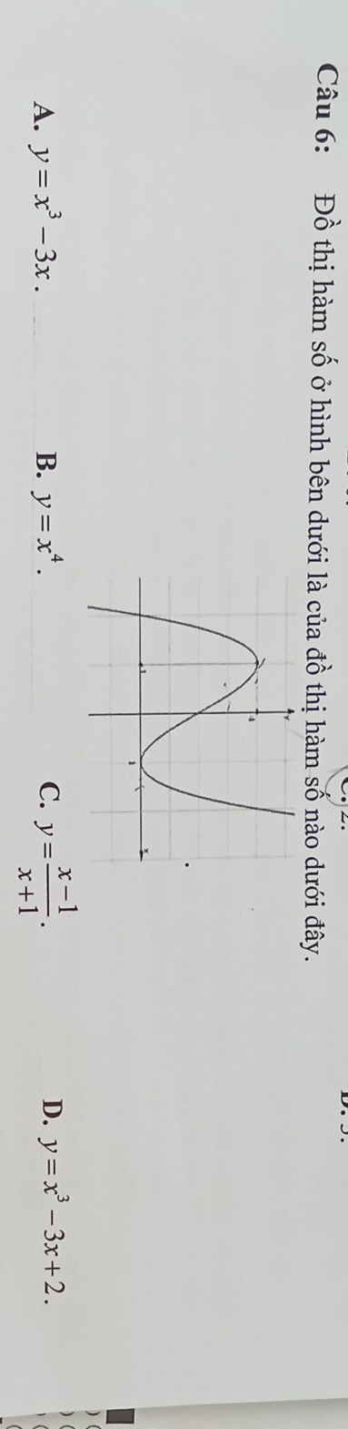 Đồ thị hàm số ở hình bên dưới là của đồ thị hàm số nào dưới đây.
D.
A. y=x^3-3x. B. y=x^4. C. y= (x-1)/x+1 . y=x^3-3x+2.