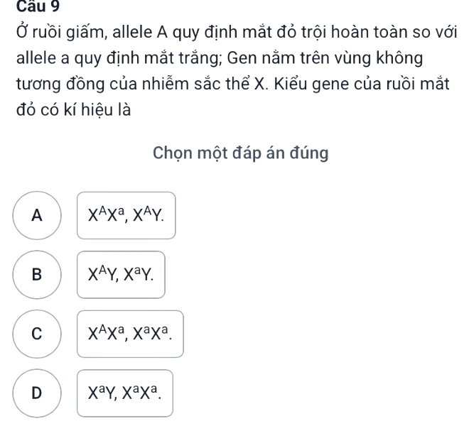 Cầu 9
Ở ruồi giấm, allele A quy định mắt đỏ trội hoàn toàn so với
allele a quy định mắt trắng; Gen nằm trên vùng không
tương đồng của nhiễm sắc thể X. Kiểu gene của ruồi mắt
đó có kí hiệu là
Chọn một đáp án đúng
A X^AX^a, X^AY.
B X^AY, X^aY.
C X^AX^a, X^aX^a.
D X^aY, X^aX^a.