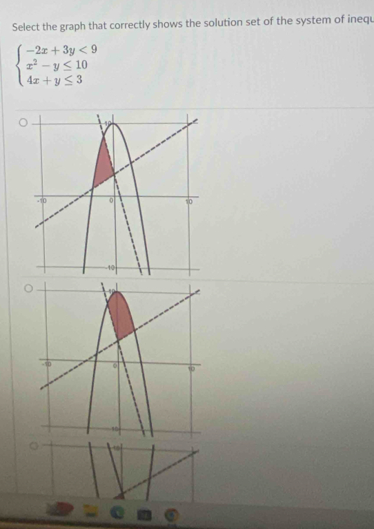 Select the graph that correctly shows the solution set of the system of inequ
beginarrayl -2x+3y<9 x^2-y≤ 10 4x+y≤ 3endarray.