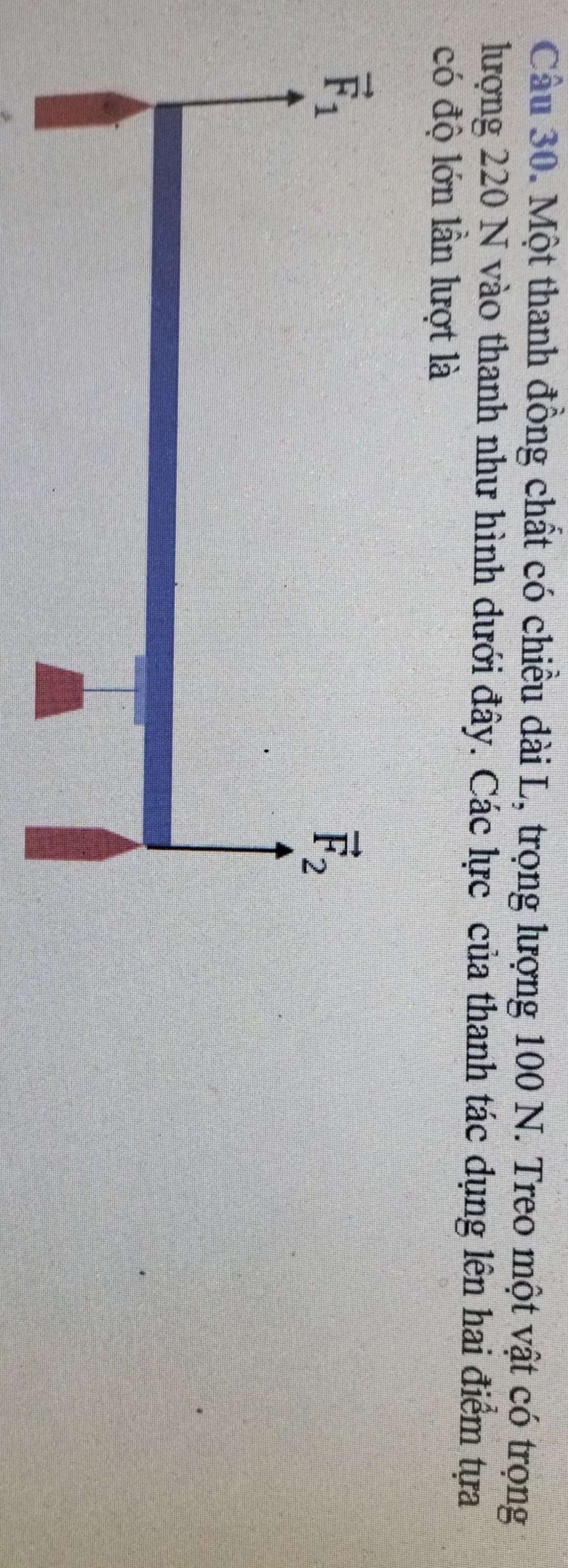 Một thanh đồng chất có chiều dài L, trọng lượng 100 N. Treo một vật có trọng
lượng 220 N vào thanh như hình dưới đây. Các lực của thanh tác dụng lên hai điểm tựa
có độ lớn lần lượt là