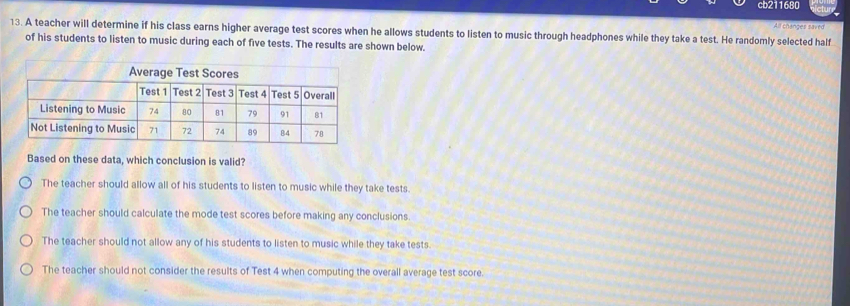 cb211680
All changes saved
13. A teacher will determine if his class earns higher average test scores when he allows students to listen to music through headphones while they take a test. He randomly selected half
of his students to listen to music during each of five tests. The results are shown below.
Based on these data, which conclusion is valid?
The teacher should allow all of his students to listen to music while they take tests.
The teacher should calculate the mode test scores before making any conclusions.
The teacher should not allow any of his students to listen to music while they take tests.
The teacher should not consider the results of Test 4 when computing the overall average test score.