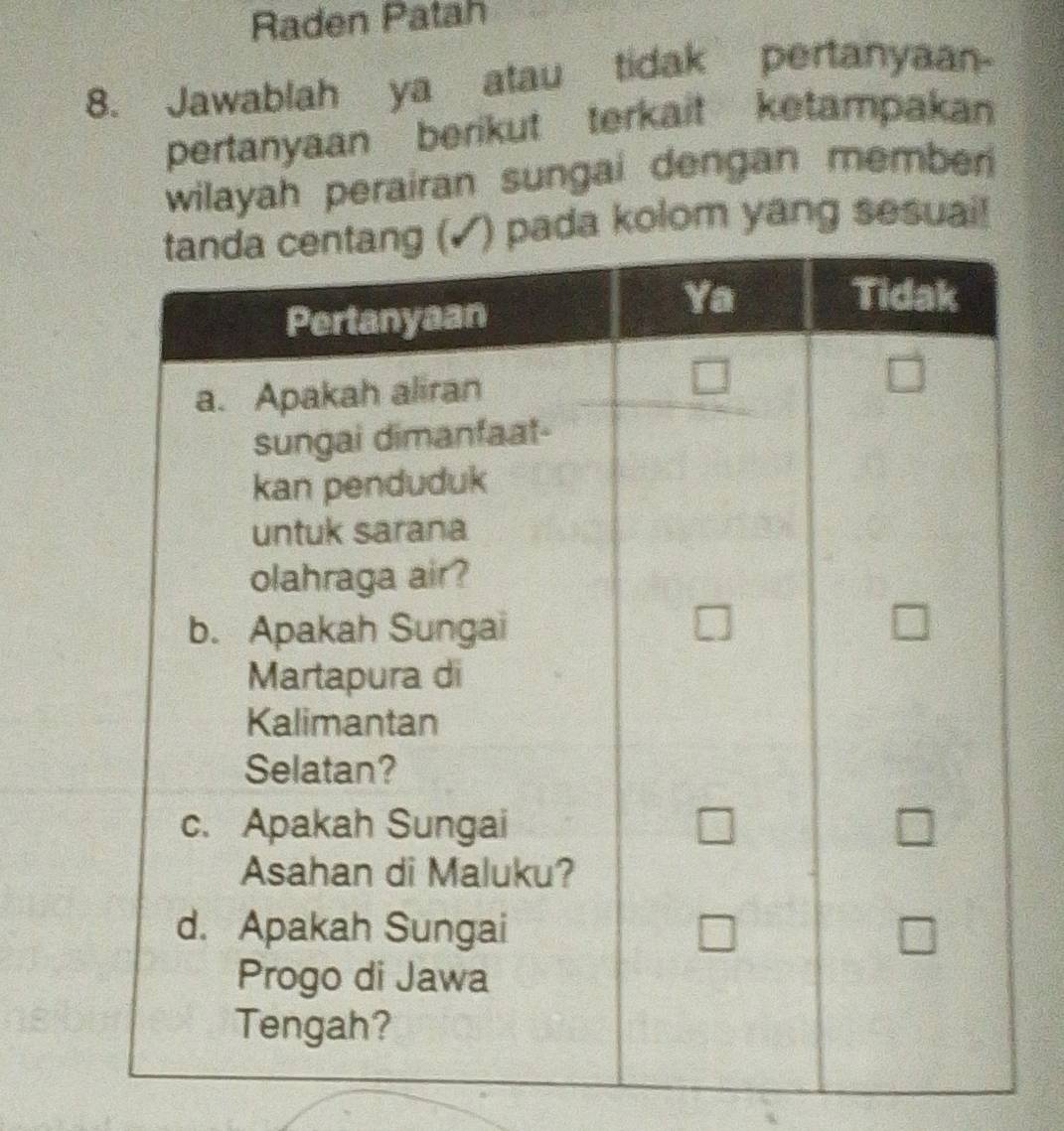 Raden Patah
8. Jawablah ya atau tidak pertanyaan-
pertanyaan berikut terkait ketampakan
wilayah perairan sungai dengan member 
kolom yang sesuai!