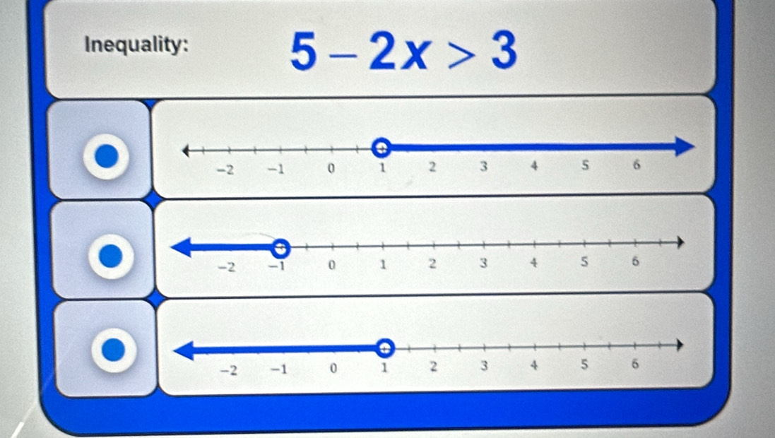 Inequality:
5-2x>3