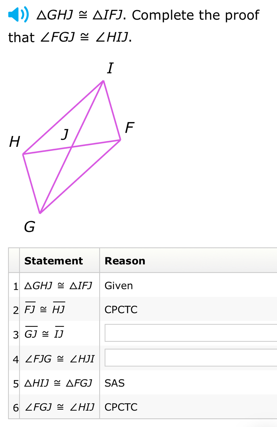 △ GHJ≌ △ IFJ. Complete the proof 
that ∠ FGJ≌ ∠ HIJ. 
Statement Reason 
1 △ GHJ≌ △ IFJ Given 
2 overline FJ≌ overline HJ
CPCTC 
3 overline GJ≌ overline IJ
4 ∠ FJG≌ ∠ HJI
5 △ HIJ≌ △ FGJ SAS 
6 ∠ FGJ≌ ∠ HIJ CPCTC