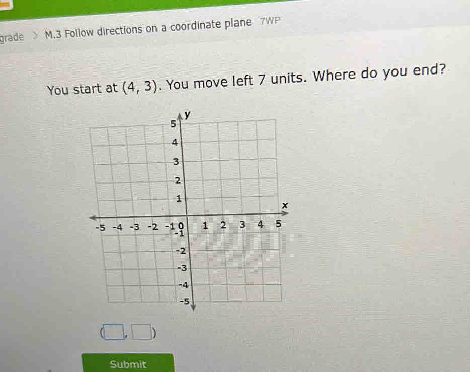 grade M.3 Follow directions on a coordinate plane 7WP 
You start at (4,3). You move left 7 units. Where do you end?
(□ ,□ )
Submit