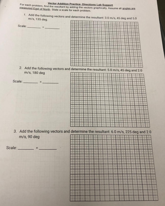 Vector Addition Practice- Directions Lab Support 
For each problem, find the resultant by adding the vectors graphically. Assume all angles are 
measured East of North. State a scale for each problem. 
1. Add the following vectors and determine the resultant: 3.0 m/s, 45 deg and 5.0
m/s, 135 deg. 
Scale:_ *_ 
2. Add the following vectors and determine the resultant: 5.0 m/s, 4
m/s, 180 deg
Scale:_ =_ 
3. Add the following vectors and determine the resultant: 6.0 m/s, 225 deg and 2.0
m/s, 90 deg
Scale: _=_