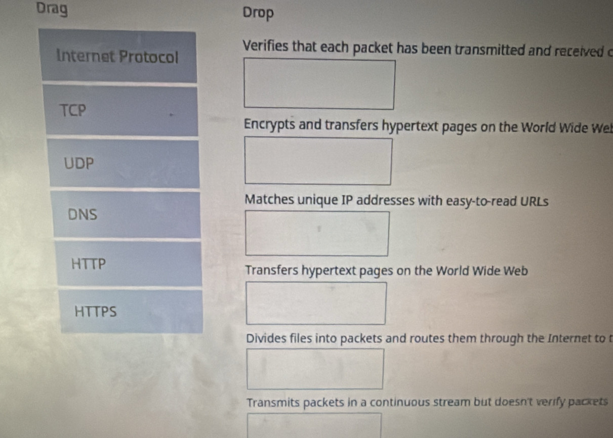 Drag Drop
Verifies that each packet has been transmitted and received o
Internet Protocol
TCP
Encrypts and transfers hypertext pages on the World Wide Wel
UDP
Matches unique IP addresses with easy-to-read URLs
DNS
HTTP
Transfers hypertext pages on the World Wide Web
HTTPS
Divides files into packets and routes them through the Internet to t
Transmits packets in a continuous stream but doesn't verify packets