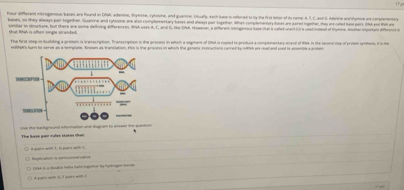 Four different nitrogenous bases are found in DNA; adenine, thymine, cytosine, and guanine. Usually, each base is referred to by the first letter of its name: A. T, C. and G. Adenine and thymine are complementary
bases, so they always pair together. Guanine and cytosine are also complementary bases and always pair togelher. When complementary bases are paired together, they are calied base pairs. DMA and RMA an
similar in structure, but there are some defining differences. RNA uses A, C, and G, like DNA. However, a different nitrogenous base that is called uraril (1.) is used instead of thymine. Anothw important difference is that RNA is often single stranded.
The first step in building a protein is transcription. Transcription is the process in which a segment of DNA is copled to produce a complementary stand of RNA, in the second step of promen smhess, it is the
mRNA's turn to serve as a template. Known as translation, this is the process in which the genetic instractions carred by mINA are read and used to assemble a protein
Use the background information and diagram to answer the question:
The base pair rules states that
A pairs with T, G pairs with C
Replication is semicanserative
CNA is a double helx held together by hydrogen bonds.
A pairs with G. T pairs with C
17 pb