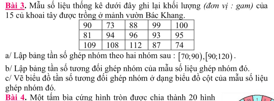 Mẫu số liệu thống kê dưới đây ghi lại khối lượng (đơn vị : gam) của 
15 củ khoai tây được trồng ở mảnh vườn Bác Khang. 
a/ Lập bảng tần số ghép nhóm theo hai nhóm sau : [70;90), [90;120). 
b/ Lập bảng tần số tương đối ghép nhóm của mẫu số liệu ghép nhóm đó. 
c/ Vẽ biểu đồ tần số tương đối ghép nhóm ở dạng biểu đồ cột của mẫu số liệu 
ghép nhóm đó. 
Bài 4. Một tấm bìa cứng hình tròn được chia thành 20 hình 
1