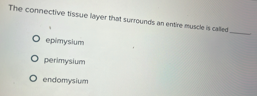 The connective tissue layer that surrounds an entire muscle is called _:
epimysium
perimysium
endomysium