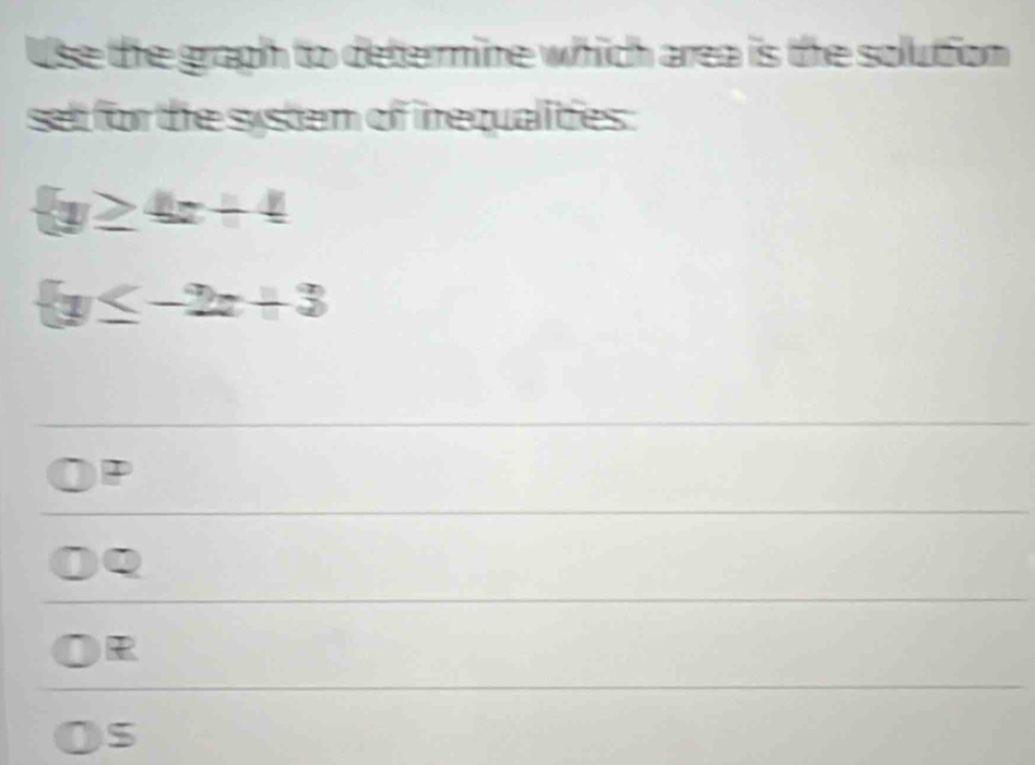 Use the graph to determine which area is the solution
set for the system of irequalities:
 y≥ 4x+4
 y≤ -2x+3
P
Q