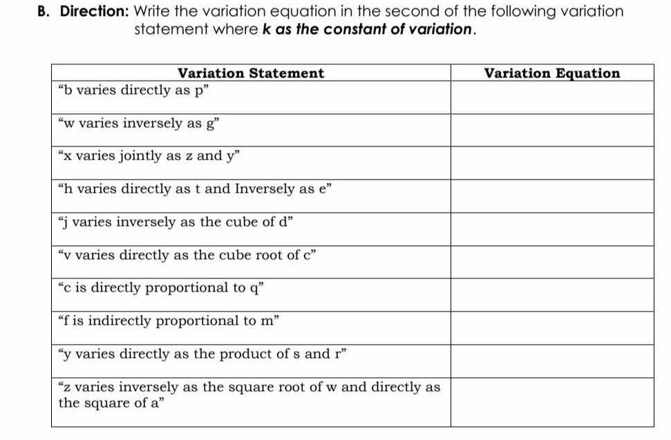 Direction: Write the variation equation in the second of the following variation
statement where k as the constant of variation.