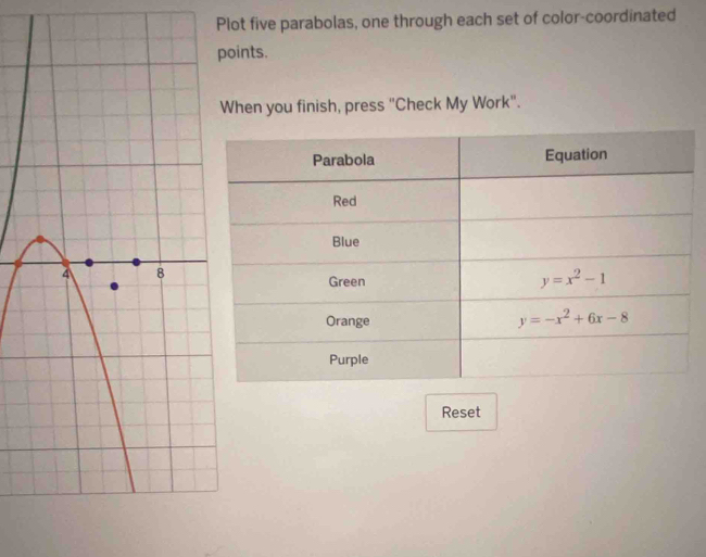 Plot five parabolas, one through each set of color-coordinated
oints.
hen you finish, press "Check My Work".
Reset