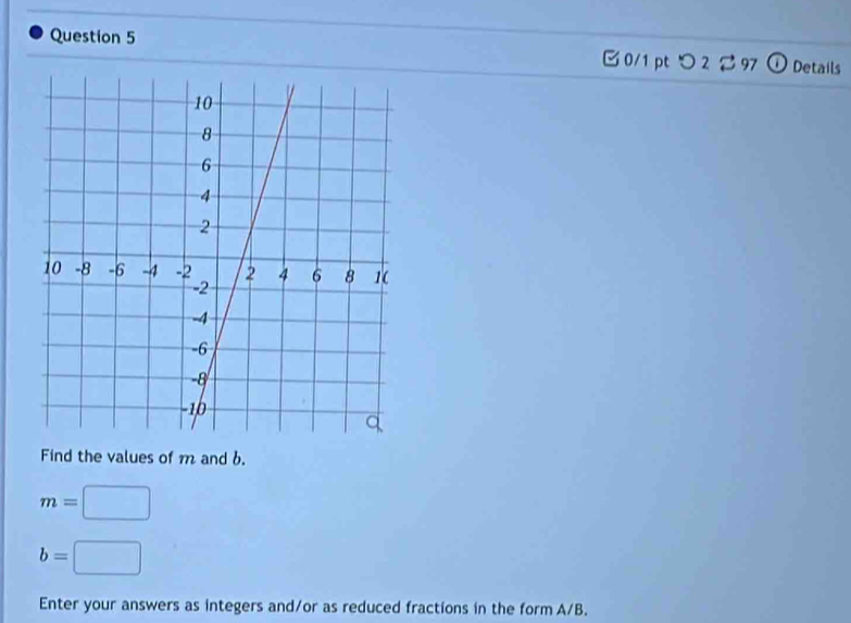 □ 0/1pt つ 2 97 O Details 
Find the values of m and b.
m=□
b=□
Enter your answers as integers and/or as reduced fractions in the form A/B.