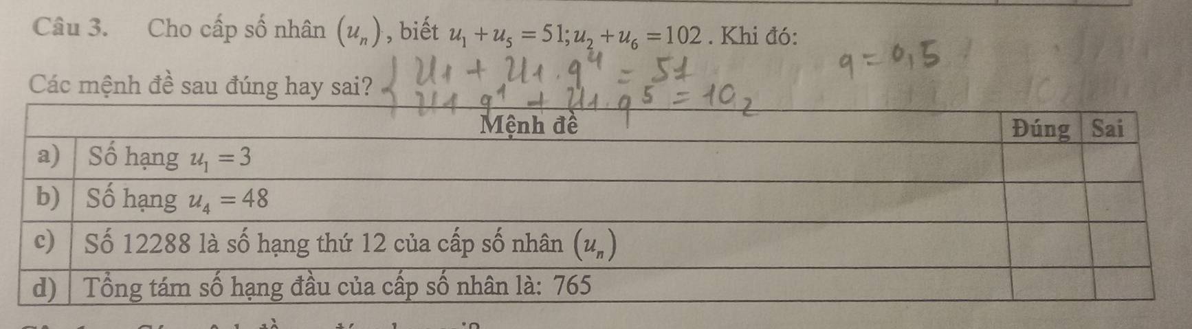 Cho cấp số nhân (u_n) , biết u_1+u_5=51;u_2+u_6=102. Khi đó:
Các mệnh đề sau đúng hay sai?