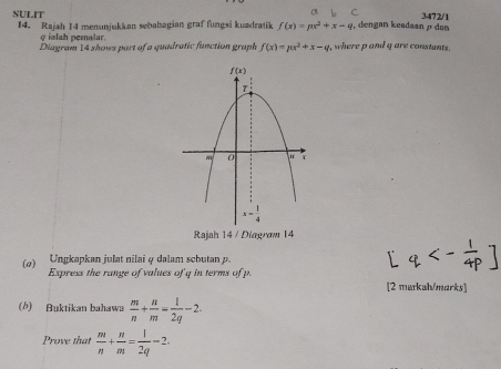 SULIT 3472/1
14. Rajah 14 menunjukkan sebabagian graf fungsi kuædratik f(x)=px^2+x-4 , dengan keadaan p dan
g ialah pemalar.
Diagram 14 shows part of a quadratic function graph f(x)=px^2+x-q , where p and g are constants .
Rajah 14 / Diagrow 14
Ungkapkan julat nilai φ dalam scbutan p.
(a) Express the range of values of q in terms of p.
[2 markah/marks]
(h) Buktikan bahawa  m/n + n/m = 1/2q -2.
Prove that  m/n + n/m = 1/2q -2.