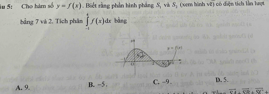 âu 5: Cho hàm số y=f(x). Biết rằng phần hình phẳng S_1 và S_2 (xem hình vẽ) có diện tích lần lượt
bằng 7 và 2. Tích phân ∈tlimits _(-1)^4f(x)dx bằng
A. 9. B. −5 . C. -9 .
D. 5.
vector CA+vector CB+vector SC+