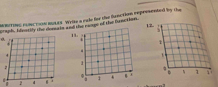 WRITING FUNCTION RULES Write a rule for the function represented by the 
graph. Identify the domain ande range of the function.
12
1
0.
3 2