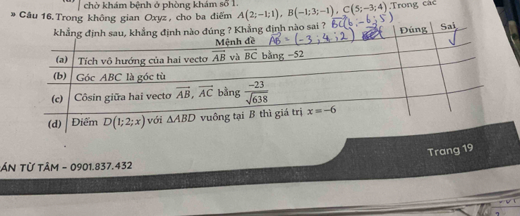 chờ khám bệnh ở phòng khám so1
» Câu 16. Trong không gian Oxyz , cho ba điểm A(2;-1;1),B(-1;3;-1),C(5;-3;4).Trong các
sai ?
Sai
Trang 19
ÁN Từ TÂM - 0901.837.432