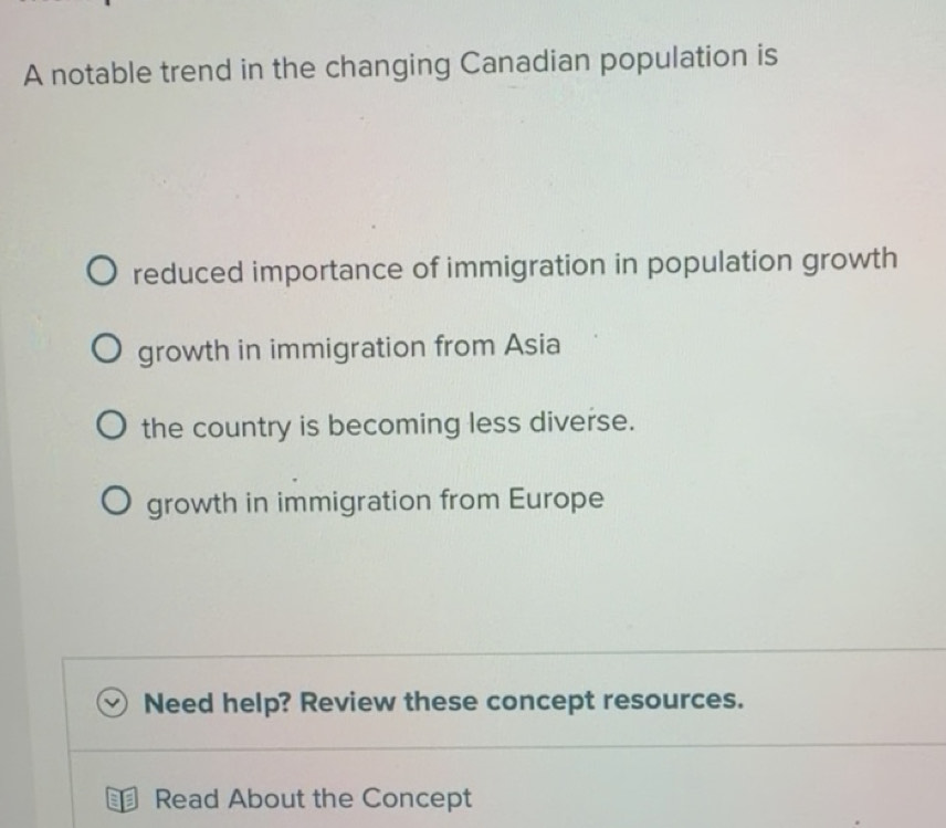 Solved: A notable trend in the changing Canadian population is reduced ...