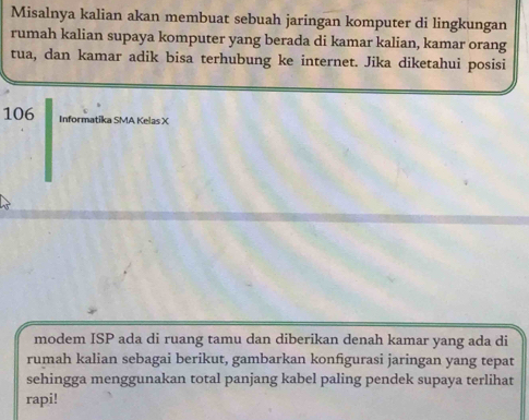 Misalnya kalian akan membuat sebuah jaringan komputer di lingkungan 
rumah kalian supaya komputer yang berada di kamar kalian, kamar orang 
tua, dan kamar adik bisa terhubung ke internet. Jika diketahui posisi 
106 Informatika SMA Kelas X
modem ISP ada di ruang tamu dan diberikan denah kamar yang ada di 
rumah kalian sebagai berikut, gambarkan konfigurasi jaringan yang tepat 
sehingga menggunakan total panjang kabel paling pendek supaya terlihat 
rapi!