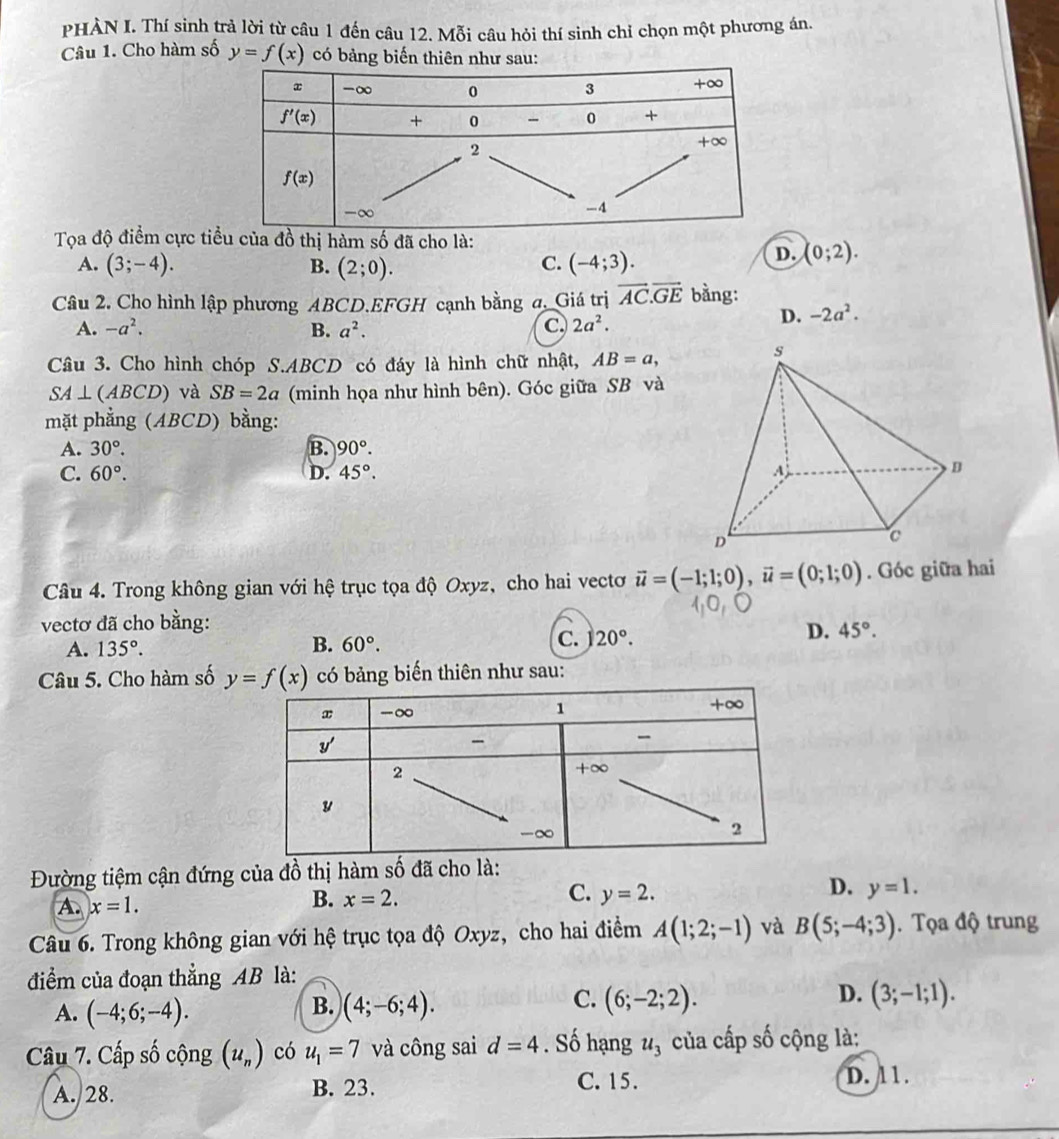 PHÀN I. Thí sinh trả lời từ câu 1 đến câu 12. Mỗi câu hỏi thí sinh chỉ chọn một phương án.
Câu 1. Cho hàm số y=f(x) có bảng biến thiên như sau:
Tọa độ điểm cực tiểu của đồ thị hàm số đã cho là:
C.
A. (3;-4). B. (2;0). (-4;3).
D. (0;2).
Câu 2. Cho hình lập phương ABCD.EFGH cạnh bằng σ, Giá trị vector AC.vector GE bằng:
A. -a^2. B. a^2.
c. 2a^2.
D. -2a^2.
Câu 3. Cho hình chóp S.ABCD có đáy là hình chữ nhật, AB=a,
SA⊥ (ABCD) và SB=2a (minh họa như hình bên). Góc giữa SB và
mặt phẳng (ABCD) bằng:
A. 30°. B. 90°.
C. 60°. D. 45°.
Câu 4. Trong không gian với hệ trục tọa độ Oxyz, cho hai vectơ vector u=(-1;1;0),vector u=(0;1;0). Góc giữa hai
vectơ đã cho bằng:
D.
A. 135°. B. 60°. C. 20°. 45°.
Câu 5. Cho hàm số y=f(x) có bảng biến thiên như sau:
Đường tiệm cận đứng của đồ thị hàm số đã cho là:
C.
D.
A. x=1.
B. x=2. y=2. y=1.
Câu 6. Trong không gian với hệ trục tọa độ Oxyz, cho hai điểm A(1;2;-1) và B(5;-4;3).  Tọa độ trung
điểm của đoạn thẳng AB là:
C.
A. (-4;6;-4). (4;-6;4). (6;-2;2). (3;-1;1).
B.
D.
Câu 7. Cấp số cộng (u_n) có u_1=7 và công sai d=4. Số hạng u_3 của cấp số cộng là:
C. 15.
A. 28. B. 23. D. 11.