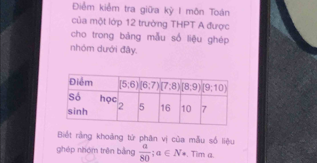 Điểm kiểm tra giữa kỳ I môn Toán
của một lớp 12 trường THPT A được
cho trong bảng mẫu số liệu ghép
nhỏm dưới đây.
Biết rằng khoảng tử phân vị của mẫu số liệu
ghép nhóm trên bằng  a/80 ;a∈ N*. Tim a.