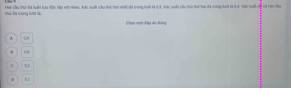 Hai cầu thủ đá luân lưu độc lập với nhau. Xác suất cầu thủ thứ nhất đá trúng lưới là 0, 5. Xác suất cầu thủ thứ hai đá trúng lưới là 0, 4. Xác suất overline OS cả hai cầu
thủ đá trúng lưới là:
Chọn một đáp án đúng
A 0, 9.
B 0, 8.
C 0, 2.
D 0, 1.