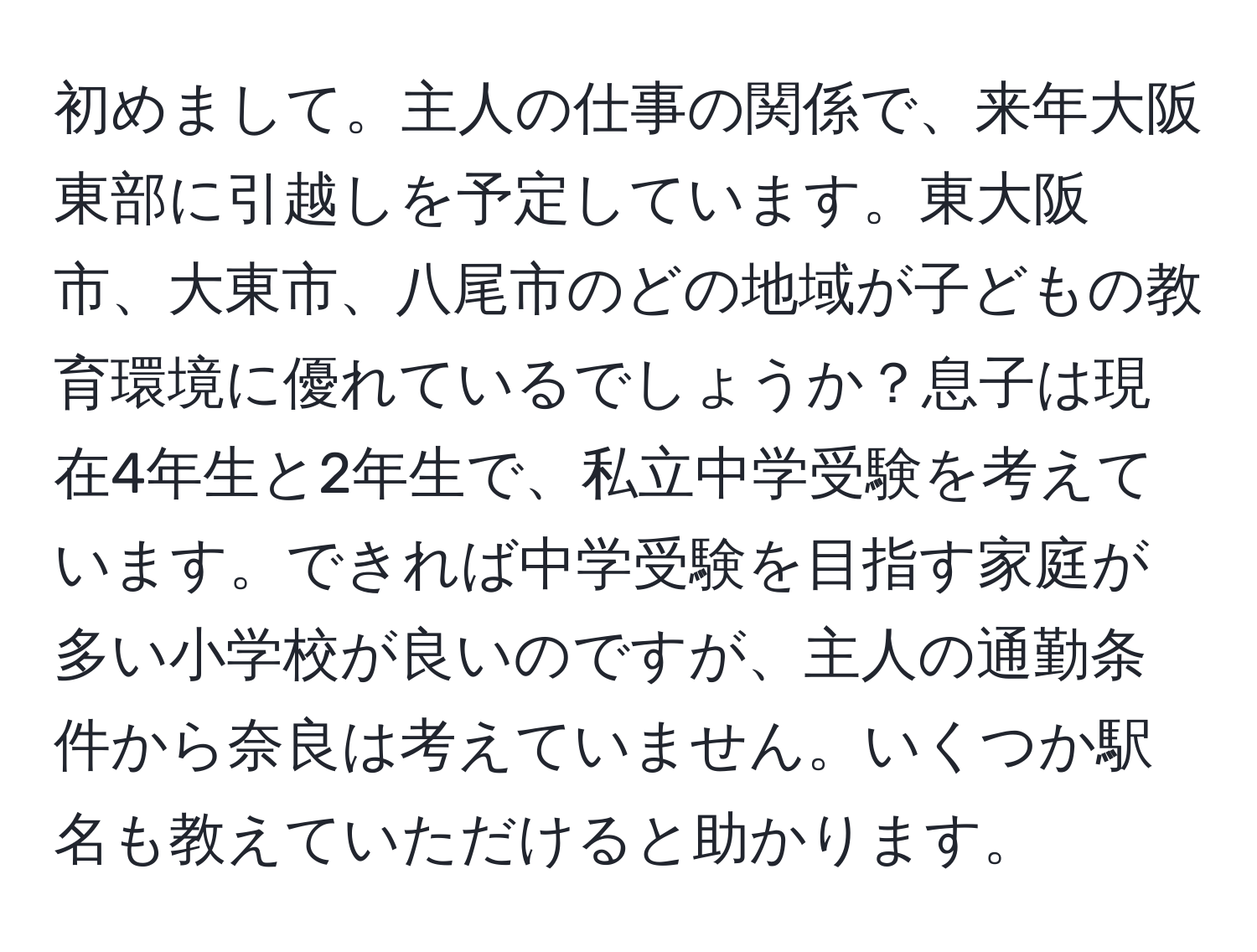 初めまして。主人の仕事の関係で、来年大阪東部に引越しを予定しています。東大阪市、大東市、八尾市のどの地域が子どもの教育環境に優れているでしょうか？息子は現在4年生と2年生で、私立中学受験を考えています。できれば中学受験を目指す家庭が多い小学校が良いのですが、主人の通勤条件から奈良は考えていません。いくつか駅名も教えていただけると助かります。