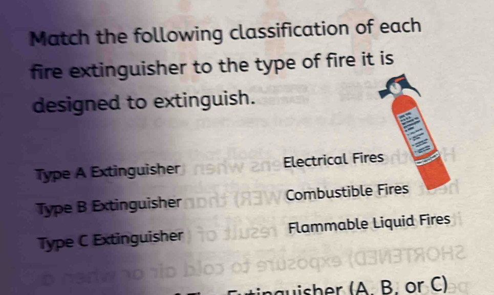 Match the following classification of each
fire extinguisher to the type of fire it is
designed to extinguish.
Type A Extinguisher Electrical Fir
Type B Extinguisher Combustible
Type C Extinguisher Flammable Liquid Fires
muisher (A. B. or C)