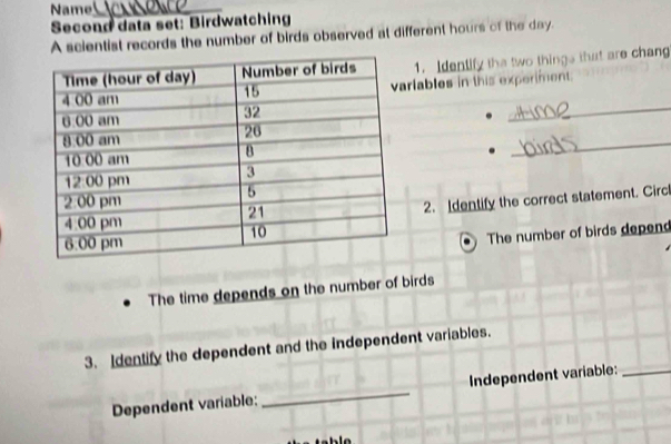 Name_ 
Second data set: Birdwatching 
A scientist records the number of birds observed at different hours of the day. 
1. Identify the two things that are chang 
rlables in this experiment. 
_ 
_ 
2. Identify the correct statement. Circ 
The number of birds depend 
The time depends on the number of birds 
3. Identify the dependent and the independent variables. 
Dependent variable;_ Independent variable:_